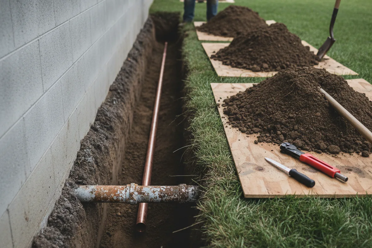 Excavated water line trench during Water Softener Installation in Adamsville